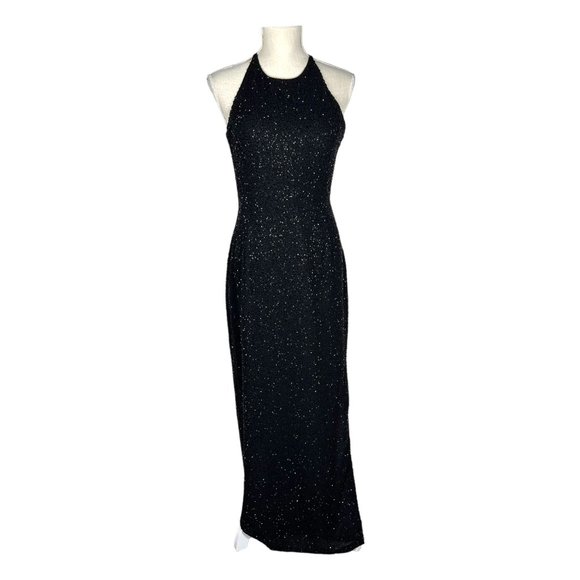 Vintage Dresses & Skirts - Vintage 90s Black Beaded High Neck Sleeveless Halter Open Back Full Length Dress